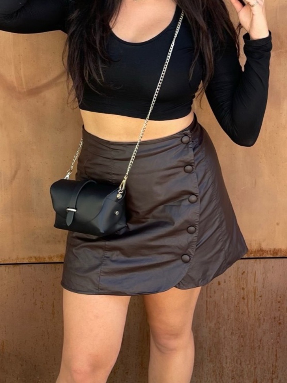Zara Dark Brown Button-Trim Leatherette Mini Skirt